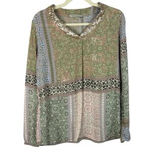 Betty Barclay Bohemian Patchwork Shimmer Collared Long Sleeve Size 10 Blouse